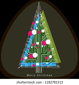 Vector illustration of futuristic evergreen Christmas tree, technology and science conceptual design. Holidays and celebration idea. Technology and nature balance concept.