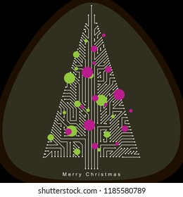Vector illustration of futuristic evergreen Christmas tree, technology and science conceptual design. Holidays and celebration idea. Technology and nature balance concept.