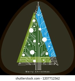 Vector illustration of futuristic evergreen Christmas tree, technology and science conceptual design. Holidays and celebration idea. Technology and nature balance concept.