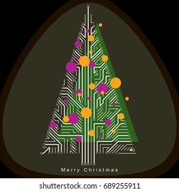 Vector illustration of futuristic evergreen Christmas tree, technology and science conceptual design. Holidays and celebration idea. Technology and nature balance concept.