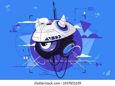 Vector Illustration Of A Futuristic Flying Robot With One Eye, A Voice Assistant With A Helmet