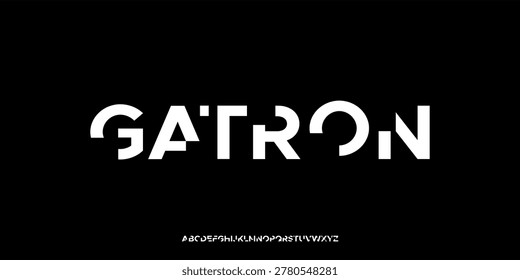 Vector illustration of futuristic geometric sans serif font style alphabet letters with sharp angular cuts and modern sci-fi aesthetics.
