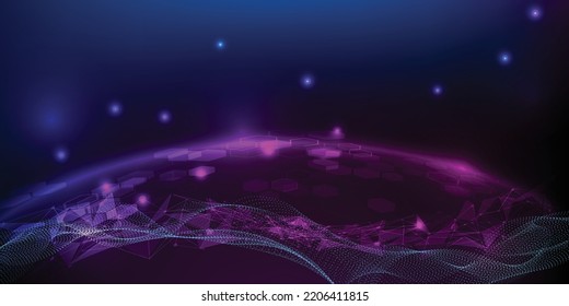 Vector illustration of futuristic glowing globe on dark blue purple background.Digital communication innovation and technology concepts.