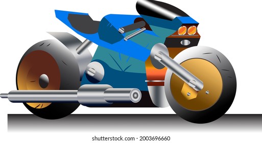 vector illustration of a futuristic motor bike on a white background, side view. Cyberpunk sci fi racing motorcycle concept