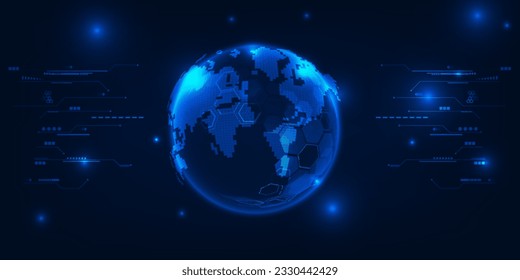 Vector illustration of futuristic neon blue globe sphere with digital  circuit line and grid for product advertising showcase and game panel artwork.Digital communication innovation and technology.