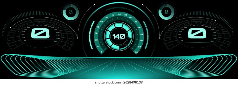 Vector illustration. Futuristic neon car HUD with digital speedometers and virtual road perspective. Surreal art collage. Concept of fast driving, data tracking, vehicle display.