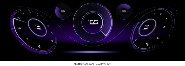 Vector illustration. Futuristic neon driving interface with twin rotary dials and gear display. Surreal art collage. Concept of speed control, extreme sport, vehicle technology, digital.