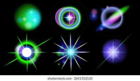 Vector illustration in futuristic neon style with glowing light effects. Features blue, green, purple, and pink hues, creating starbursts, orbs, and cosmic shapes against a black background.