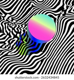 Vector illustration in futuristic op-art style: wavy black and white stripes with a bold iridescent gradient sphere. Combines 3D illusion and vibrant color, reflecting the trending neo-minimal look.