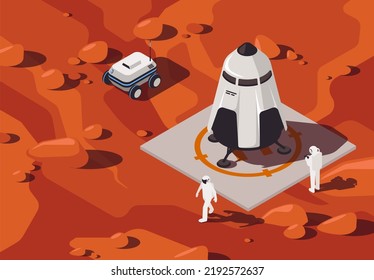 Vector illustration of a futuristic passenger rocket on the surface of Mars, pre-flight training with people and drones on wheels in the style of isometry on the Martian surface, a research mission on