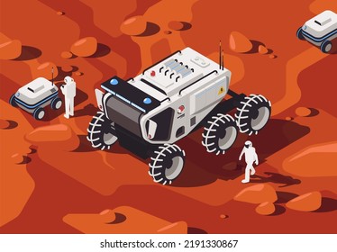 Vektorgrafik eines futuristischen Passagierrovers mit Menschen und Drohnen auf Rädern im Stil der Isometrie auf der Marsoberfläche, eine Forschungsmission auf dem Mars