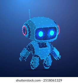 Ilustração vetorial de um robô poligonal futurista feito de linhas de grade digitais brilhantes. O design enfatiza a tecnologia, a IA e a inovação com um esquema de cores azul e vermelho neon