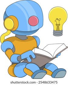Vector illustration of a futuristic robot holding a glowing light bulb and reading a book, representing concepts of machine learning, knowledge acquisition, and creativity