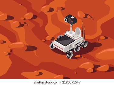 Vector illustration of a futuristic rover in the style of isometry on the Martian surface, a robot explorer on Mars