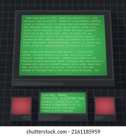 Ilustración vectorial de un panel de control de instalaciones militares secretas futuristas con una pantalla y botones. Diseño moderno de plantillas 3d con texto y botones.