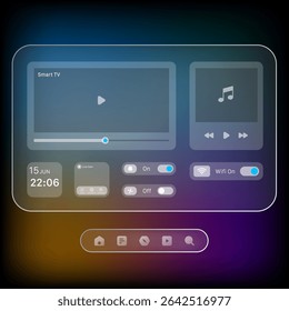 Vector illustration of a futuristic smart home dashboard UI featuring media player, smart TV, music, live camera feed, WiFi toggle, and system controls