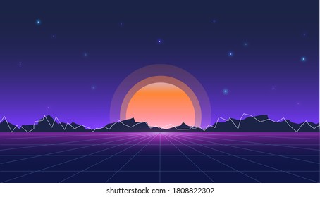 vector illustration with futuristic space landscape during sunset