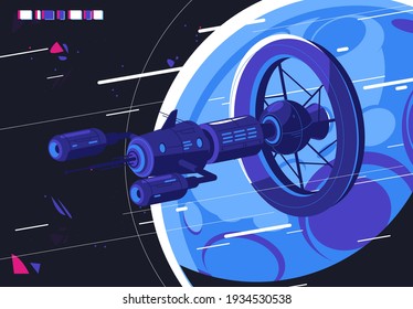 Vector illustration of a futuristic space station against the background of a planet and space, a fictional spaceship