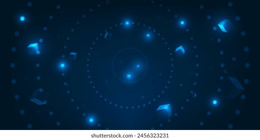 Vector illustration of futuristic technology background with flying geometry cube and glowing dot orbit around.Digital technology concepts.