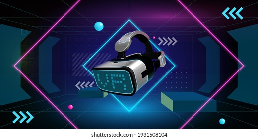 Vector illustration of futuristic technology with VR glasses on the sci-fi digital room