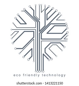 Vector illustration of futuristic tree, technology and science conceptual design. Recycling and reuse concept.