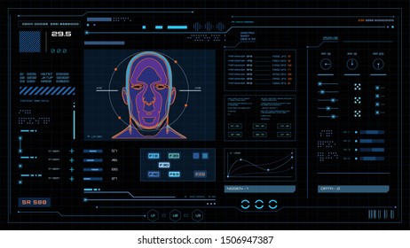 Vector illustration of Futuristic user interface information technology virtual biomedical holographic human head scan diagnostic with data for background computer desktop screen.