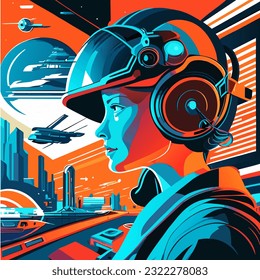 Vector illustration of a futuristic user interface. The girl in the helmet of the pilot.