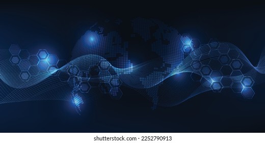 Vector illustration of futuristic waveform dot connecting network.Digital communication innovation and technology concepts.  
