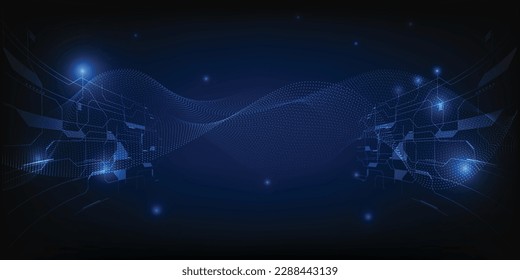 Vector illustration of futuristic waveform dot connecting network with hi tech circuit frame.Digital communication innovation and technology concepts.  