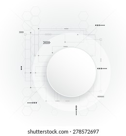 Vector illustration  futuristic.Minimal  Abstract 3d white paper circle on circuit board .Blank circle for your design.Light grey hi-tech circuit board background
