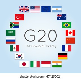 Vector illustration of G-20 countries flags. The Group of Twenty, the World's Leading 20 Economies. Banner for Summit G20, financial and economic international forum. Infographic design image