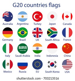 Ilustração vetorial de bandeiras do G-20 países. O Grupo dos Vinte, as 20 economias líderes mundiais. Bandeira para a Cimeira do G20, fórum financeiro e económico internacional. Design infográfico