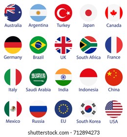 Vector illustration of G-20 countries flags. The Group of Twenty, the World's Leading 20 Economies. Banner for Summit G20, financial ann economic international forum. Infographic design 