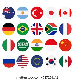 Vector illustration of G-20 countries flags. The Group of Twenty, the World's Leading 20 Economies. Banner for Summit G20, financial ann economic international forum. Infographic design 