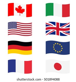 Vector illustration g8 countries flags. Canada, Germany, France, Japan, United Kingdom of Great Britain, EU, Italy and United States