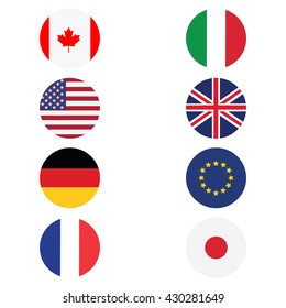 Vector illustration g8 countries round flags. Canada, Germany, France, Japan, United Kingdom of Great Britain, EU, Italy and United States. Icon flat design