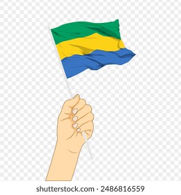 Ilustración vectorial de la bandera de Gabón en la mano sobre fondo transparente
