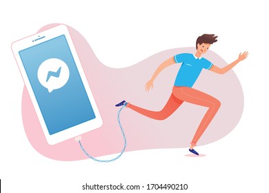 Imagen vectorial de la adicción a los gadgets, Internet, medios sociales, problemas sociales modernos, concepto de mal hábito. Hombre encadenado al smartphone. Hombre asustado encadenó la pierna al teléfono móvil, tratando de escapar