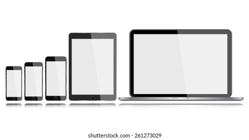 Vector illustration of gadgets with blank screen isolated on white background with reflection. Mock-up.