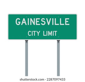 Vector illustration of the Gainesville (Florida) City Limit green road sign on metallic posts