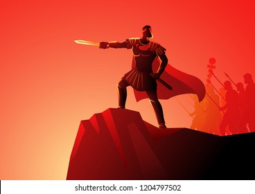 Vector illustration of Gaius Julius Caesar standing on rock commanding his army