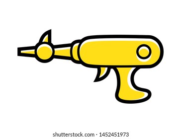Vector illustration of a galactic gun, yellow color, in a graphic style very simple, to use like a logo, design element or similar thing. Cartoon style.