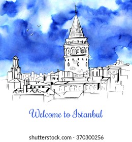 Vector illustration of Galata tower in Turkey with black outline and bright blue watercolor background. Hand drawn cityscape with famous turkish landmark. Welcome to Istanbul card and poster design.