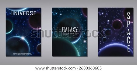 Vector illustration. Galaxy banner with neon planets and light starry sky flyer.
