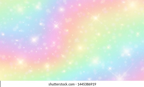 Vector illustration of galaxy fantasy background and pastel color.The unicorn in pastel sky with rainbow. Pastel clouds and sky with bokeh background