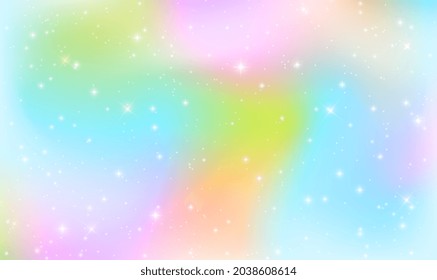 Vector illustration of galaxy fantasy background and pastel color. The unicorn in pastel sky with rainbow. Cute bright candy background. Pastel clouds and sky with bokeh. Holographic Foil. Vector