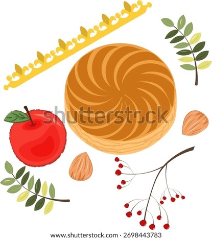  Vector illustration of Galette des Rois with golden crown, apple, almond, and festive foliage. Perfect for Epiphany celebration, bakery packaging, greeting cards, and French tradition design.