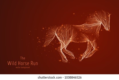 Vector illustration of galloping horse constructed with branching lines and glowing point trails. The concept of development, progress, speed and wild freedom.