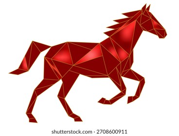 Ilustración vectorial de un caballo galopante en estilo low poly. Elegante diseño facetado marrón y dorado que simboliza el éxito y la velocidad. Perfecto para el Año Nuevo Lunar 2026 Año del Caballo Anuncios y saludos