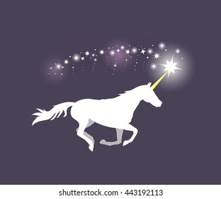 Vector illustration of galloping unicorn on dark blue background. Elements for design.